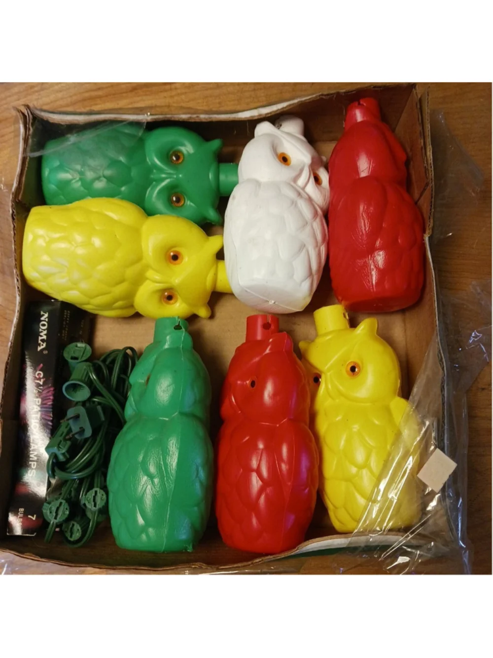 Vintage NOMA 7 Blow Mold Plastic OWL Patio Party Lites Tiki Light String NOS